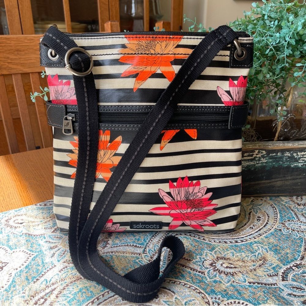 Sakroots Black and Pink Crossbody Bag with Floral Design
